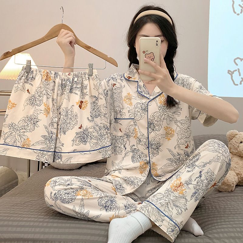 Pigiama da donna in tessuto stropicciato primavera ed estate 2024, dolce cardigan in stile coreano, pantaloncini a maniche corte, pantaloni lunghi,_voghion.com