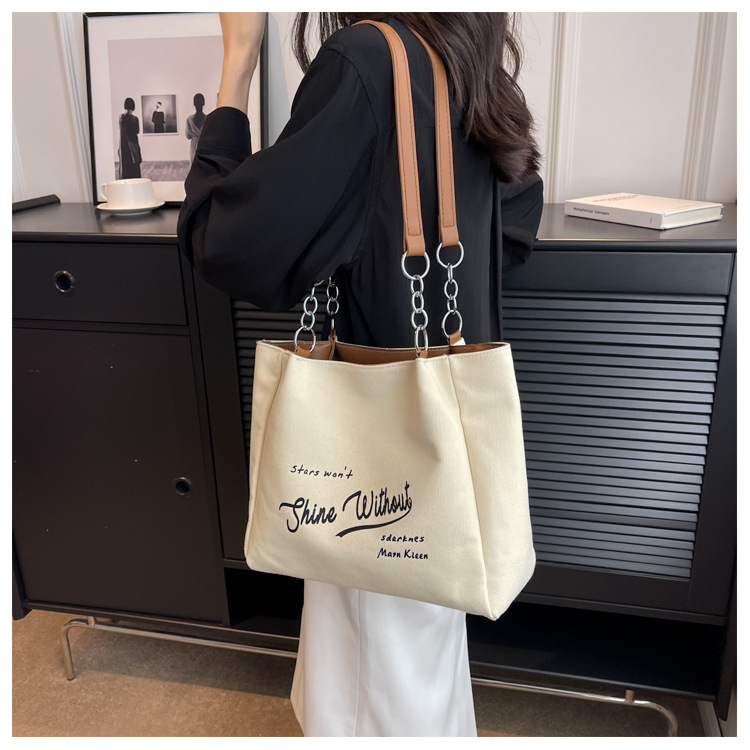 03 New Canvas Girls' Chain Advanced Sense Trend Portable Tote Bag Commuting Simple and Large Capacity_voghion.com