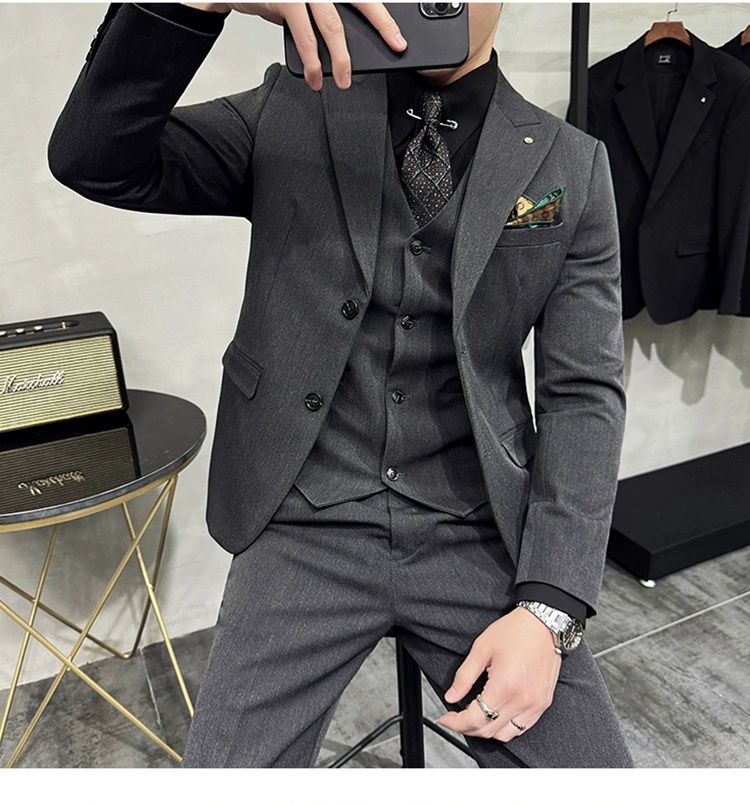 Costume trois pièces pour homme, style coréen, revers cranté, simple boutonnage, couleur unie, idéal pour un mariage. En stock._voghion.com