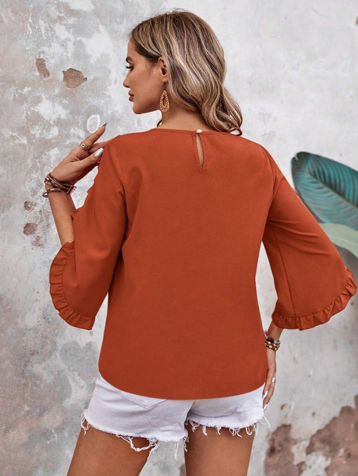 Damenbekleidung Neues reines Farbtemperament Vielseitiges Chiffonhemd Damenmode Unregelmäßiges Oberteil mit Dreiviertelärmeln_voghion.com