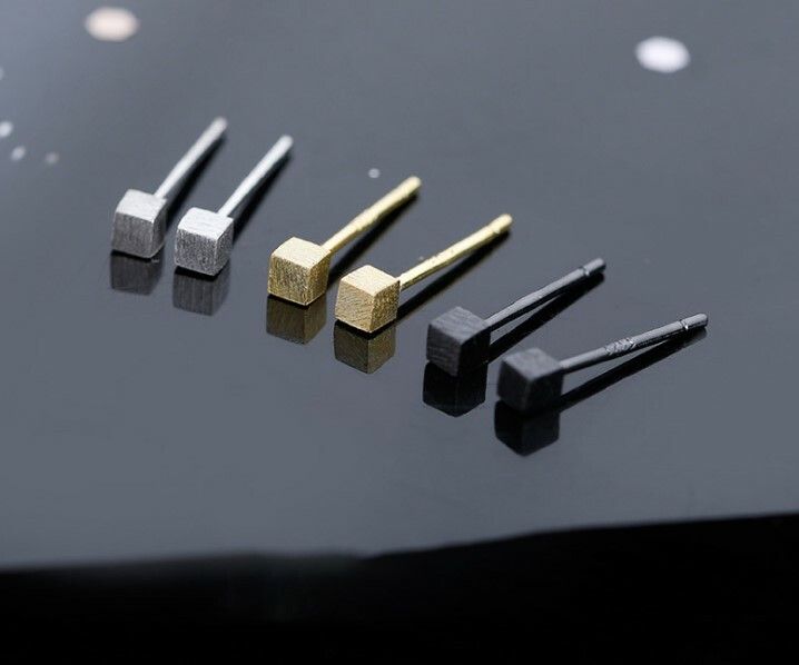 3mm Tiny Brushed Cube Square Stud Earrings 925 Sterling Silver Gift PE18_voghion.com
