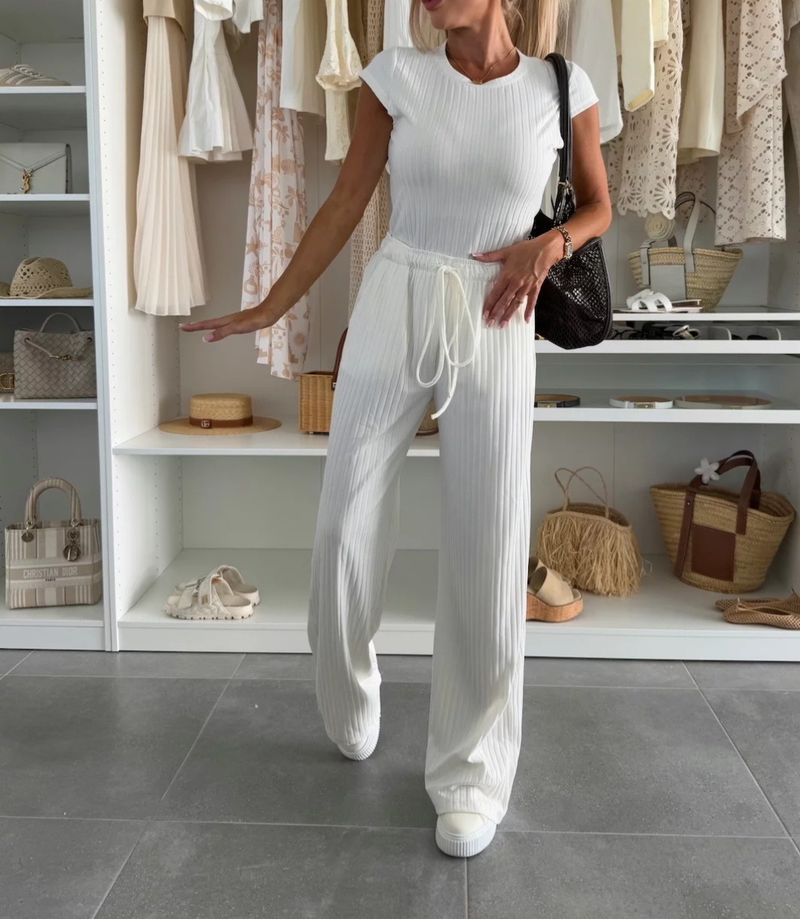 Women's Clothing New Textured Knitted Short Sleeved Tops Wide Leg Trousers Elastic Mid Waist Solid Color Casual Suit_voghion.com