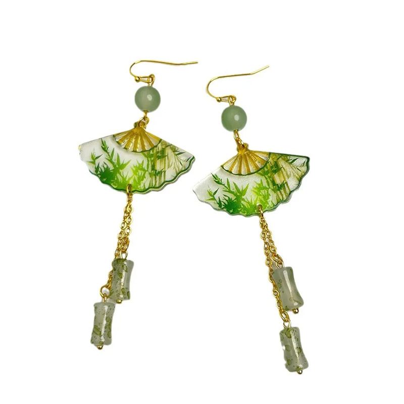 Nuovo ventaglio pieghevole cinese trasparente con motivo verde Ea, stile antico di nicchia Hanfu bambù nodo giada_voghion.com