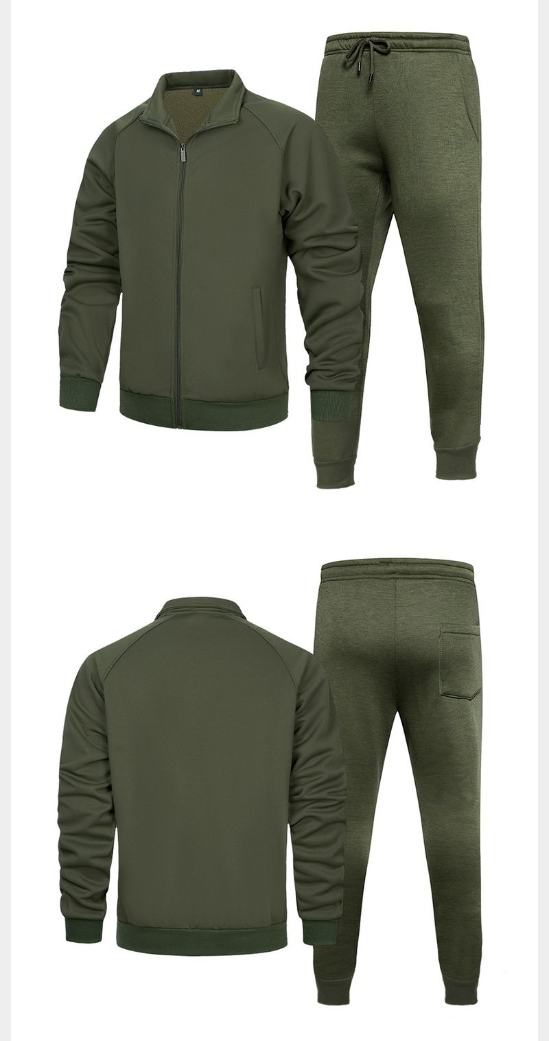 Completo sportivo casual da uomo con cappuccio a maniche lunghe e pantaloni da jogging (nero, grigio, verde militare, cachi). Completo due pezzi comodo ed elegante per autunno/inverno._voghion.com