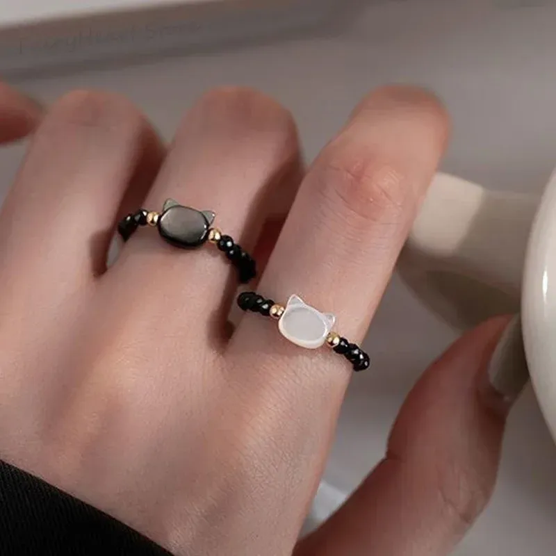 Bague minimaliste en obsidienne naturelle avec pierre de lune et chat noir et blanc, accessoire de fête pour femme_voghion.com