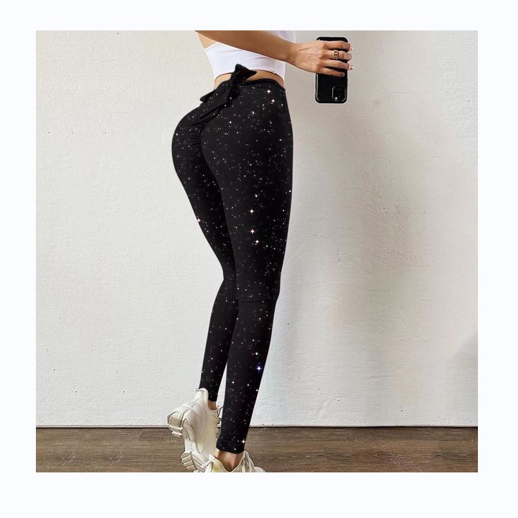 Pantaloni da yoga da yoga da donna con stampa multicolore antirughe sull'anca, dimagranti a vita alta, con fiocco elasticizzato_voghion.com