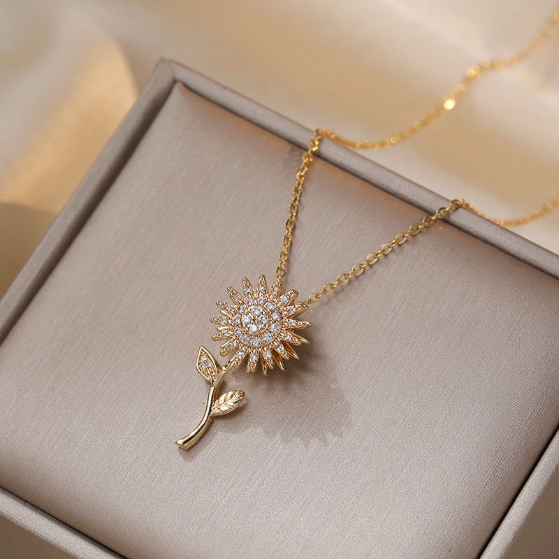 Collana con ciondolo in stile piccolo e lussuoso, con fiore di zircone rosso e rete di girasole filante femminile_voghion.com