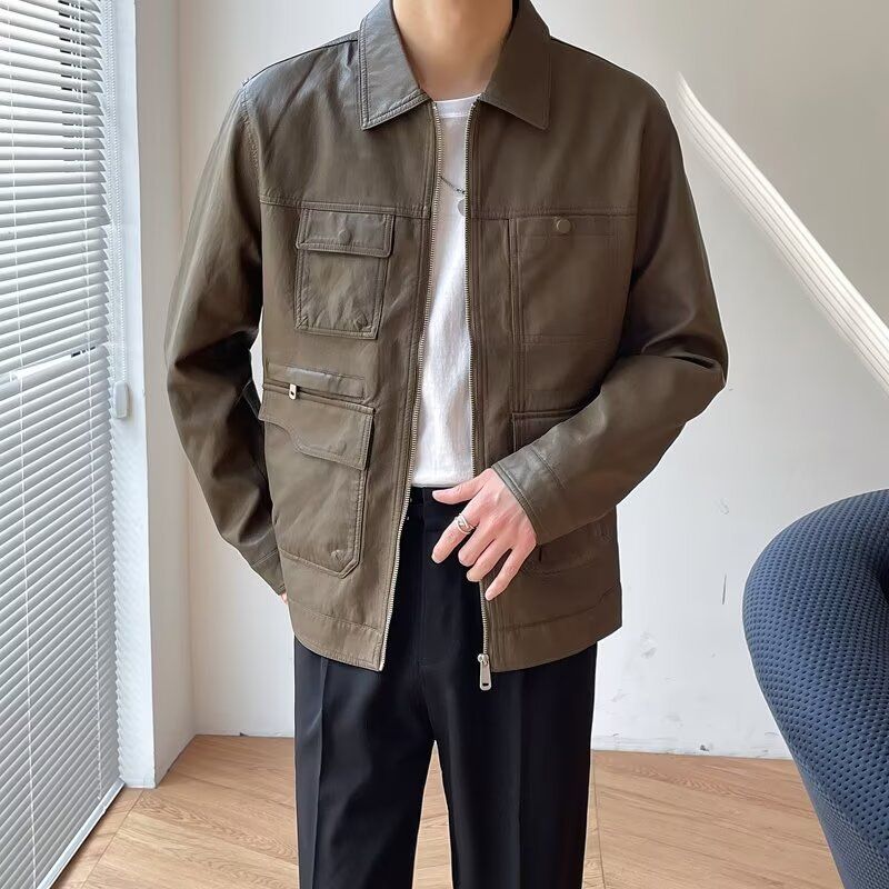 Herrenbekleidung Herbst und Winter Neue Revers Lederjacke Herren Lederjacke Jugendtrend Hübsche Motorradbekleidung Lässige leichte reife Oberteile Männer_voghion.com