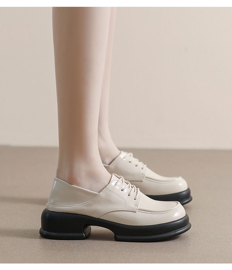 Platform Loafers Women's Lace-up Single Shoes Thick Heel Retro British Style Small Leather Shoes Women_voghion.com