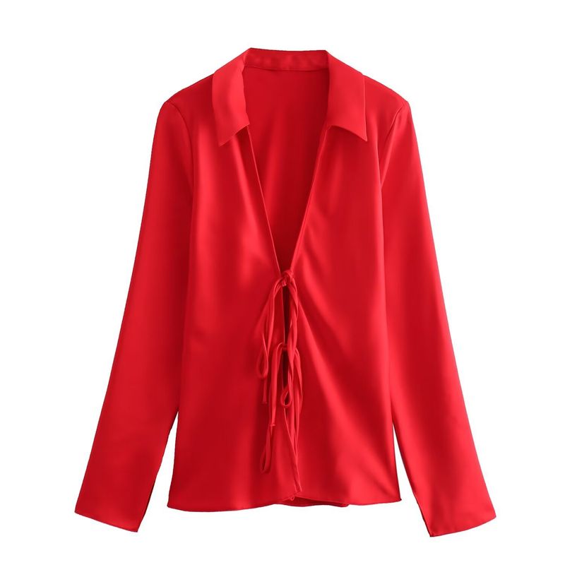 Elegante camicetta in raso con fiocco per donna – Camicia in poliestere elegante e comoda con maniche lunghe e colletto classico_voghion.com