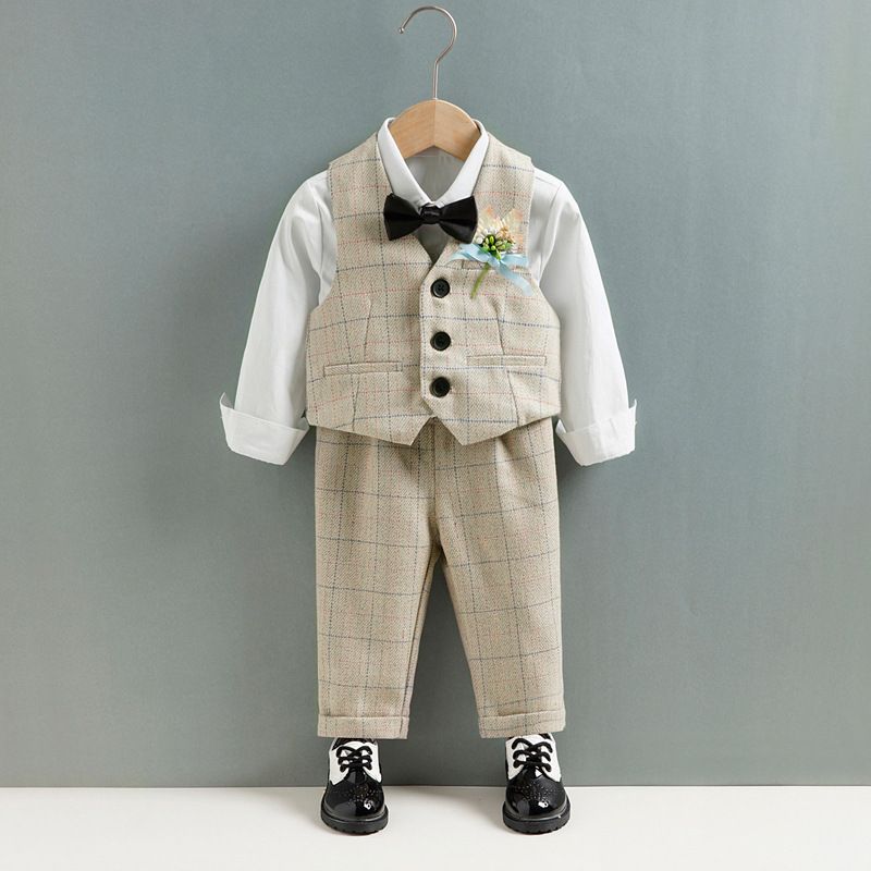 Traje pequeño para niños, traje de tres piezas para niños con flores de primavera y otoño, estilo británico_voghion.com
