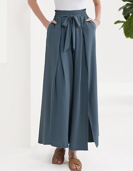 Calça Palazzo Feminina Leve, Casual, de Cintura Alta, com Bolsos e Fenda - Calça Larga e Flutuante para o Verão_voghion.com