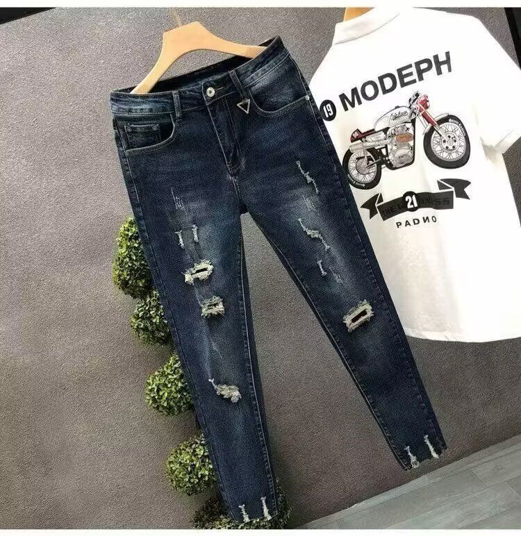 Men's Clothing Spring And Summer Personalized Ripped Jeans Trendy And Versatile Slim Elastic Straight Leg Pants_voghion.com