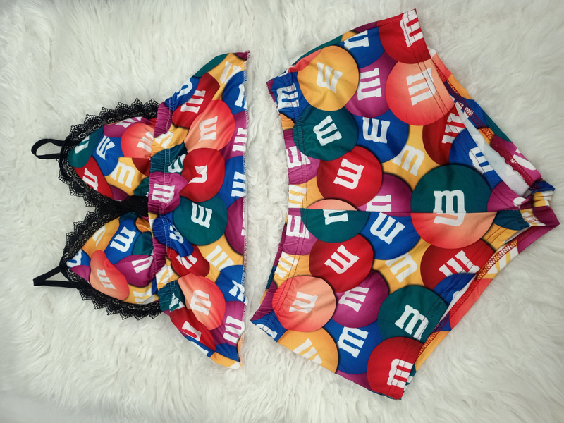 Damenmode Sexy Casual Home Spitze Hosenträger bedruckter Anzug (mit Brustpolster)_voghion.com