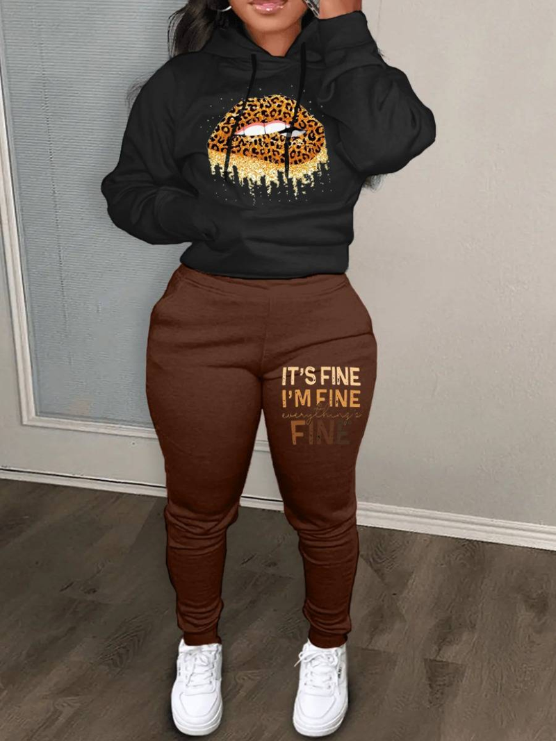 Plus Size Herfst & Winter Letter Print Color Block Hooded Sweatshirt Set Dagelijks Casual Lange Mouw Vrouwelijke Trainingspak Set_voghion.com