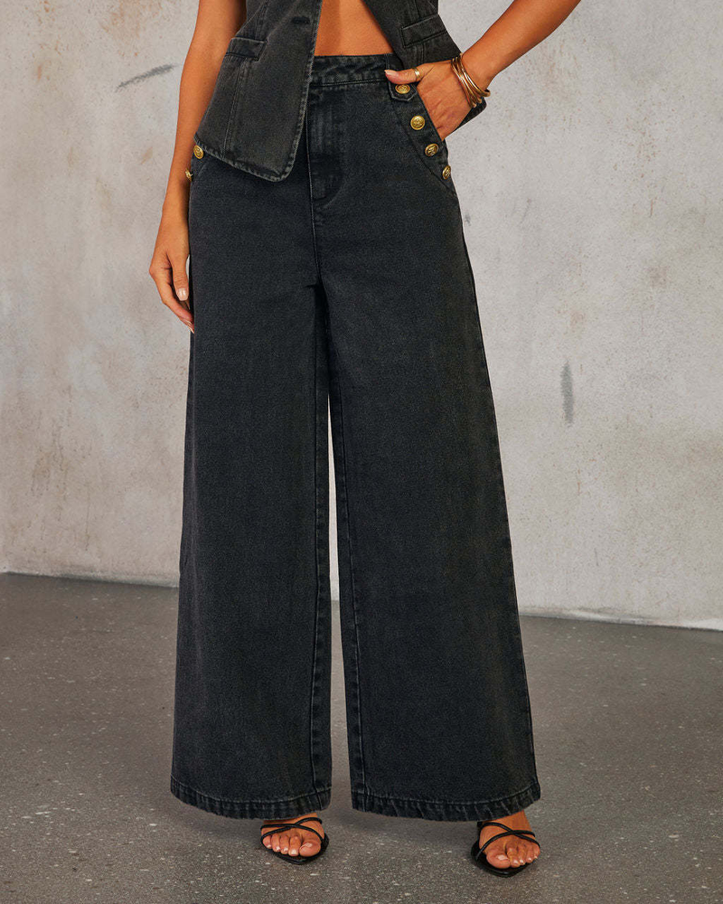 Ropa de mujer Temperamento Botón Chaleco sin mangas Pantalones vaqueros de pierna ancha Traje de mezclilla_voghion.com