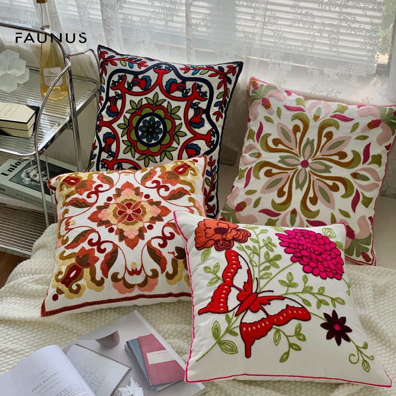 Floral Embossed Pillow Cover - 3D Ethnic Embroidery Cushion Case For Sofa (Boho Farmhouse Style Handmade Towel Washable Cotton Linen)_voghion.com