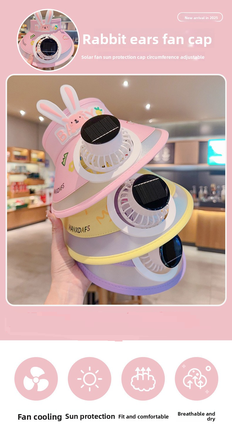 Kids Solar-Powered Bunny Ear Cooling Hat - Cartoon Sun Cap With Built-in Fan (UV Protection Adjustable For Outdoor Play Lightweight & Breathable)_voghion.com