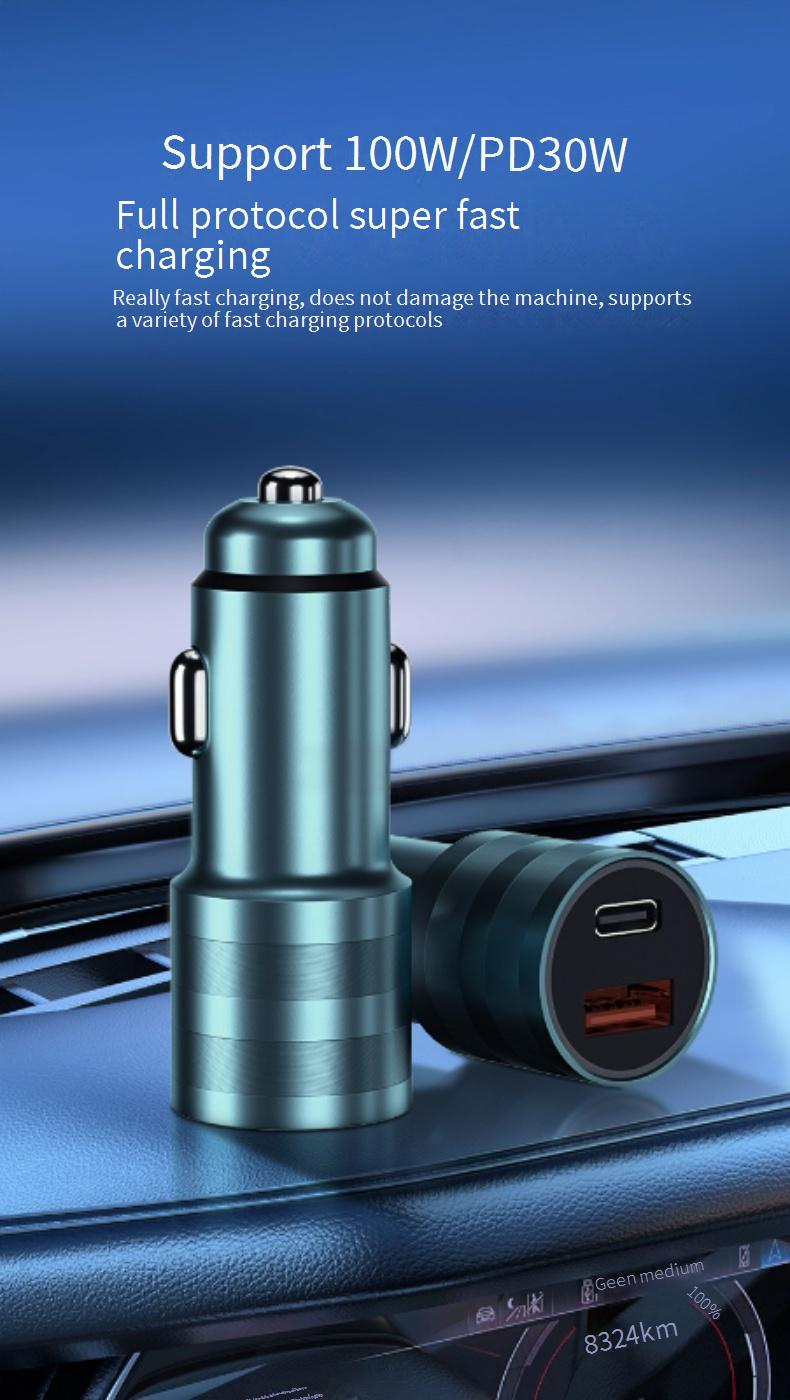 Car Chargers 100W Car Charger Super Fast Charging Head PD30W Car Charger USB Typec Dual Port One To Two Conversion Plug_voghion.com