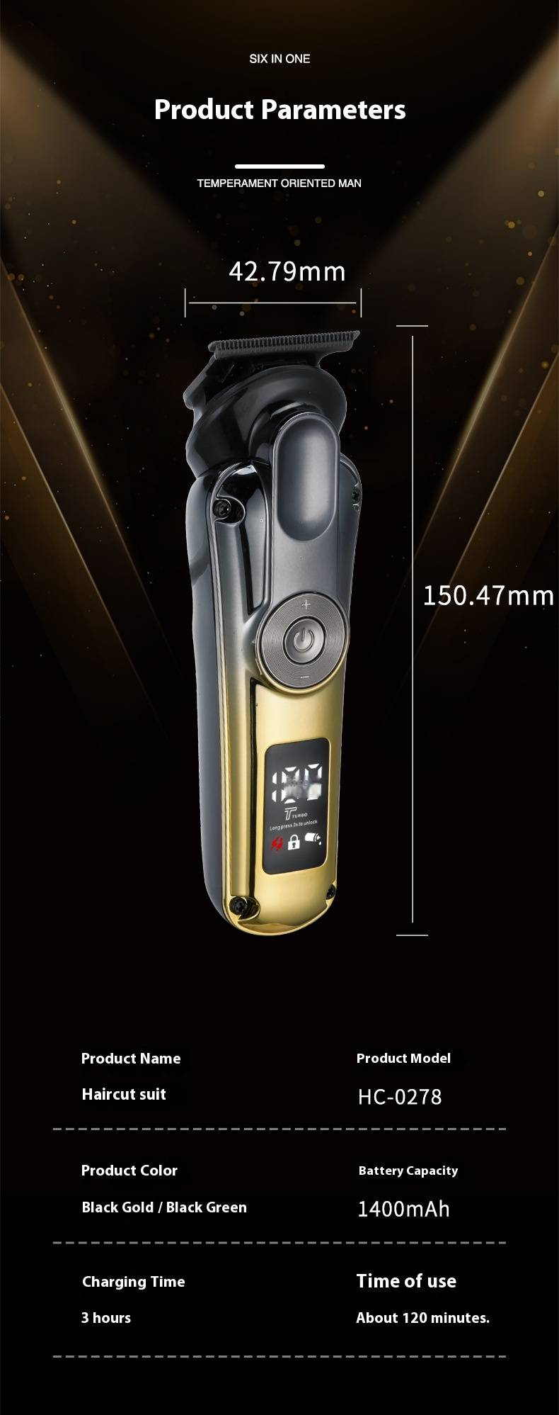 6-in-1 Electric Hair Clipper Kit - Rechargeable Trimmer With LCD Display, Waterproof Design For Beard, Nose Hair & Body Grooming_voghion.com