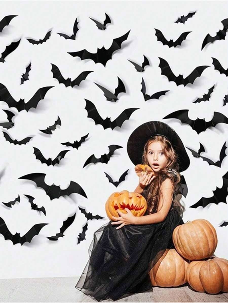 48Pcs/Set Halloween Wall Bat Decor, Black Plastic Bat Stickers For Halloween Room Decor,Waterproof 3D Realistic Bat For Halloween Party Decoration_voghion.com