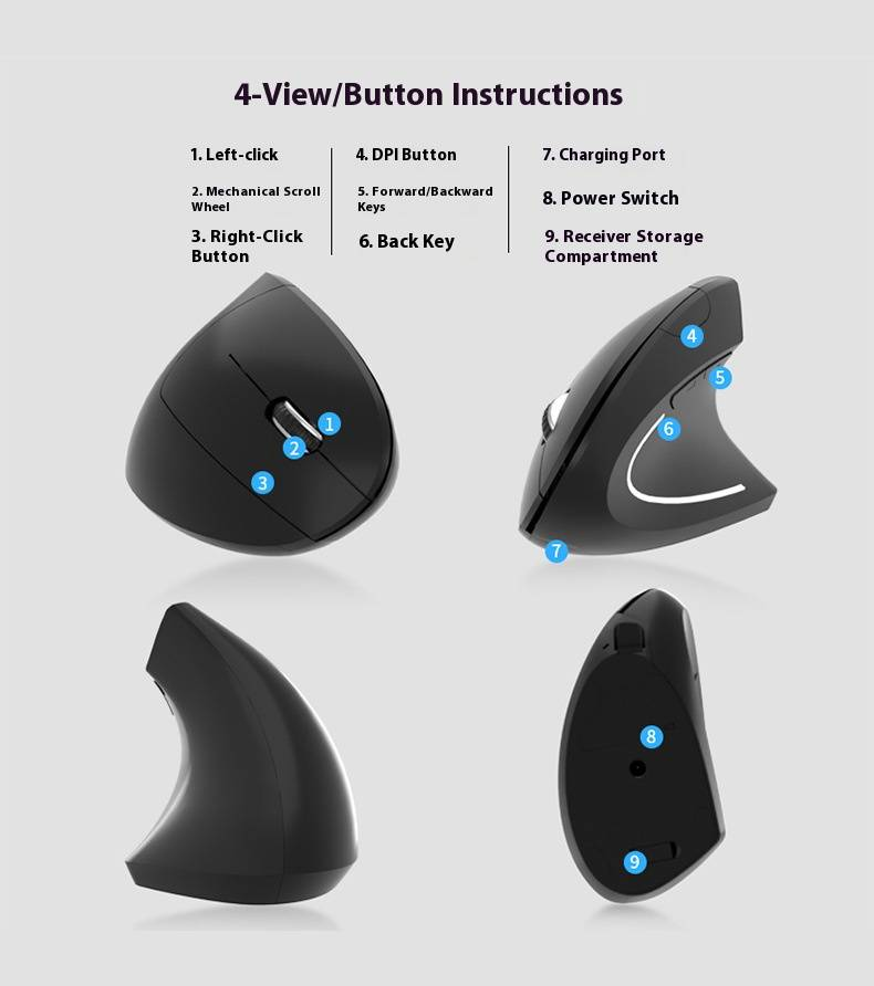 Mouse sem fio vertical ergonômico com Bluetooth e modo duplo 2.4G, clique silencioso, recarregável, para escritório/casa_voghion.com