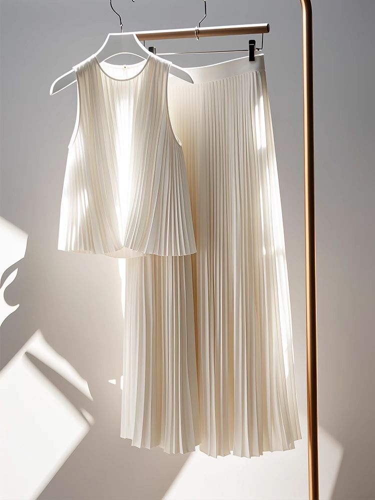 Damenbekleidung Plisseeanzüge Oberteile und Röcke Zweiteilige Anzüge_voghion.com