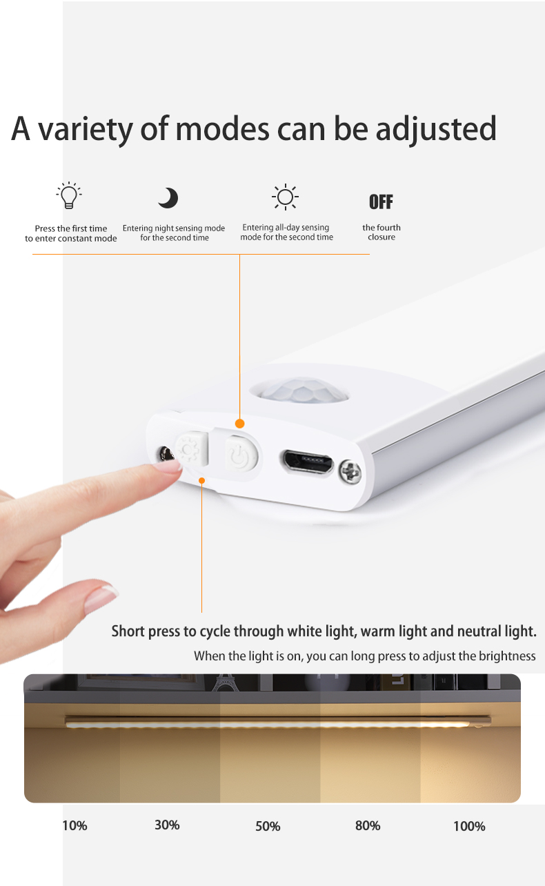 Luz noturna LED tipo C recarregável com sensor de movimento RYYD para armários de cozinha, iluminação de 10 cm/20 cm/30 cm/40 cm/50 cm_voghion.com