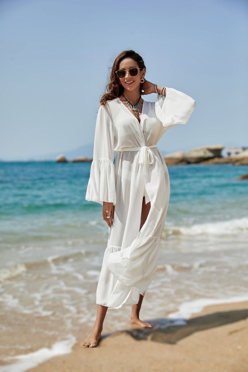 Damenbekleidung Chiffon-Ärmel Sonnenschutz Eleganter Chiffon-Glockenärmel-Überzug Langes Kimono-Strandkleid Leichter Sonnenschutz Bademode Wrap_voghion.com