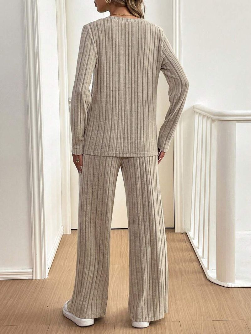 Women's Clothing Fashion Casual Straight Pants Temperament Loose Button Pit Striped Knitted Suit_voghion.com
