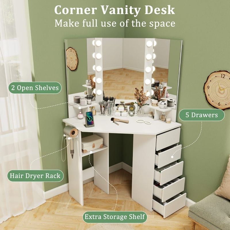 Corner Vanity Desk With 3-Color LED Lighted Mirror And Power Outlet_voghion.com