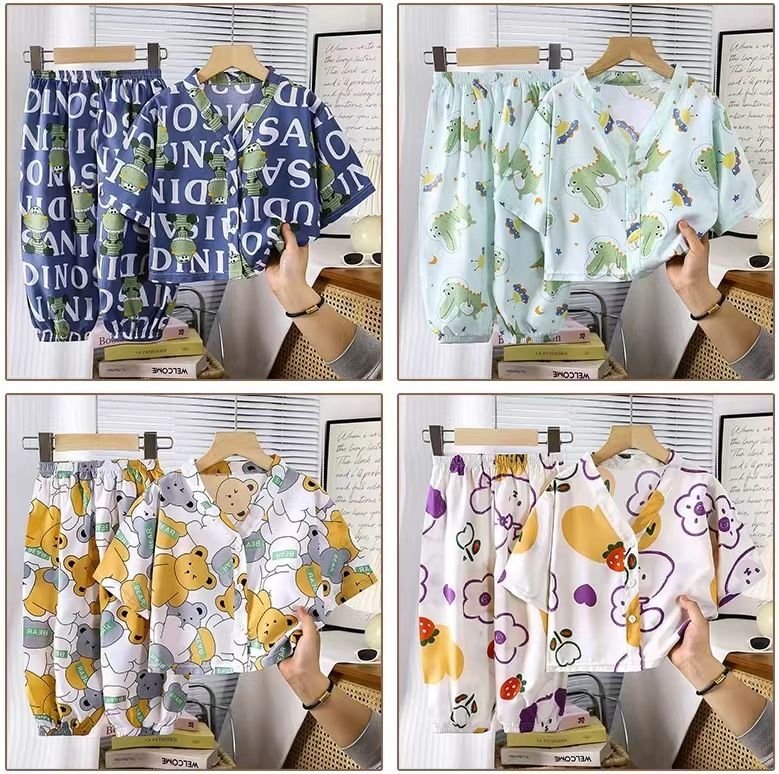 Conjunto de pijama de algodón y seda para niños, mangas tres cuartos, ropa de casa para niños y niñas, ropa con aire acondicionado, ropa de verano_voghion.com
