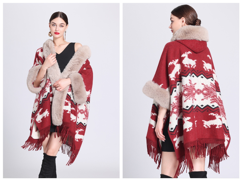 Dameskleding losse plaid plus fluwelen dikke bontkraag gebreide sjaal cape dameswollen sjaaljas_voghion.com