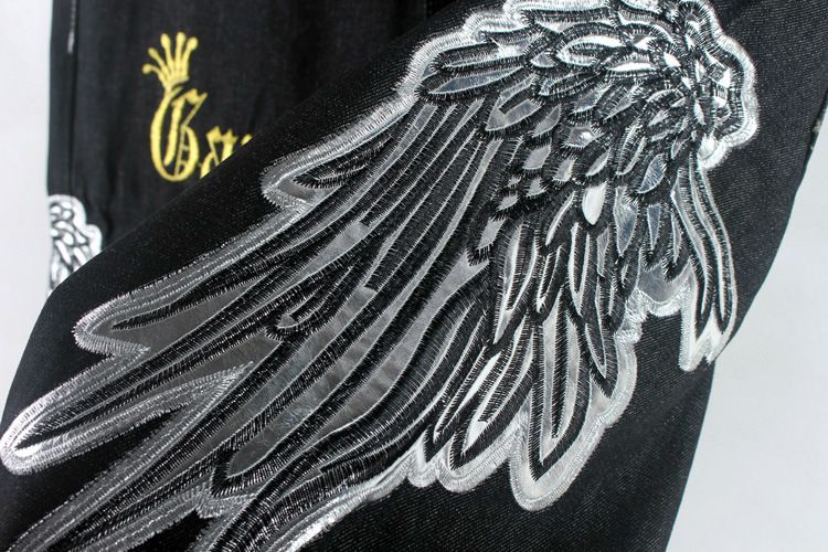 Men's Clothing Loose Straight Skateboard Trousers Embroidered Flower Wings Hip Hop Clothing Hip Hop Jeans Black And Large_voghion.com