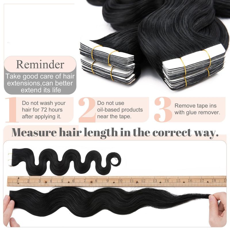 Extensiones de cabello con cinta adhesiva para ondas corporales, 100 % cabello humano, sin costuras, invisibles, 20 unidades por paquete, cabello Remy n.° 1B_voghion.com