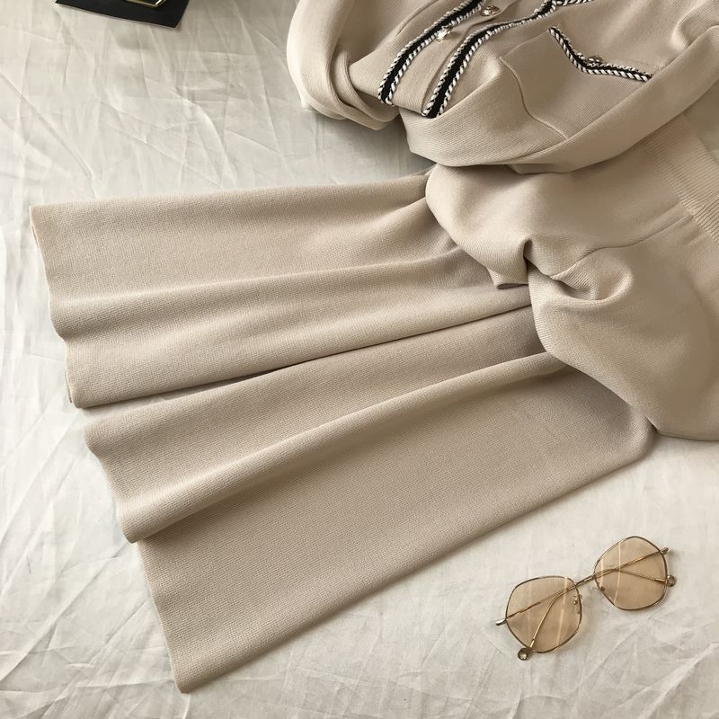 Kadın moda yuvarlak boyun örme hırka üst geniş bacak pantolon iki parçalı set_voghion.com