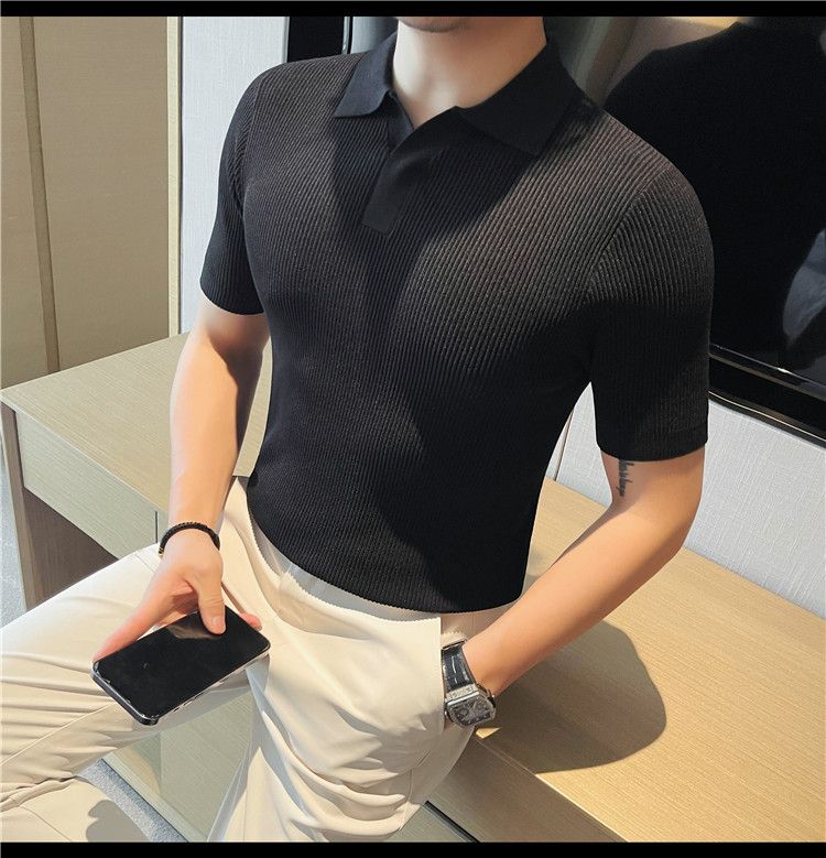 Maglione lavorato a maglia a maniche corte con scollo a V da uomo, colletto a gabbiano, stile business casual britannico, estivo, in seta ghiacciata_voghion.com