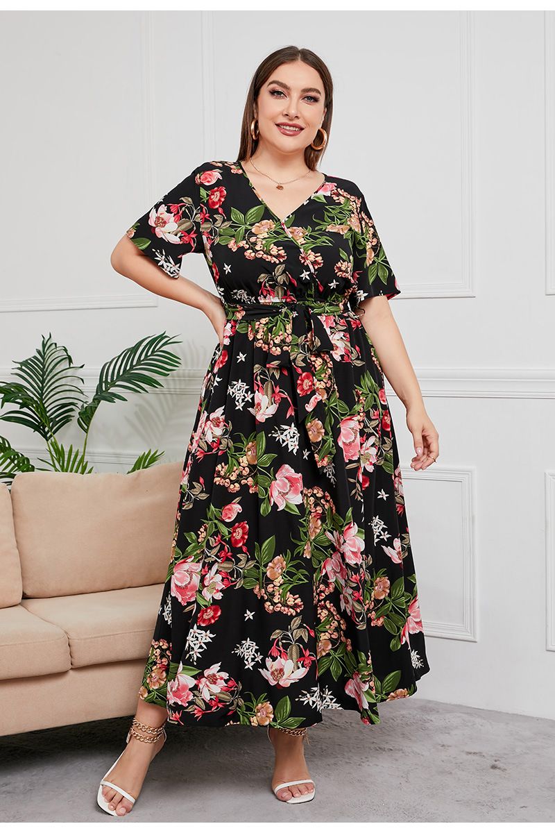 Russisches brasilianisches Verkaufsschlagerkleid in Übergröße mit lockerem V-Ausschnitt für Damen mit elastischer Taille, kurzen Ärmeln und langem bedrucktem Kleid_voghion.com