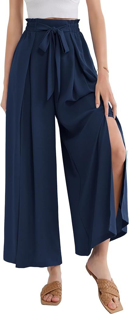Calça Palazzo Feminina Leve, Casual, de Cintura Alta, com Bolsos e Fenda - Calça Larga e Flutuante para o Verão_voghion.com