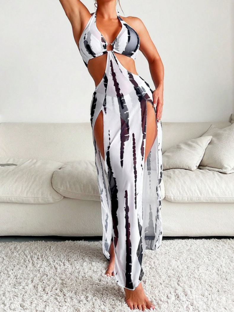 Women's three-piece bikini Mesh slit one-piece skirt split sexy bikini swimsuit_voghion.com