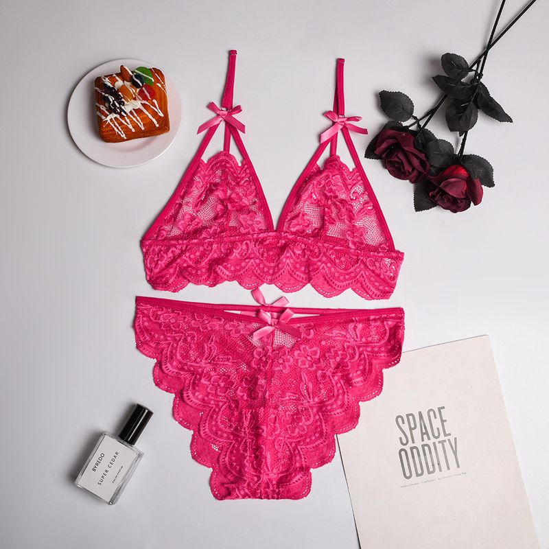 Women's Intimates New Bow Deep V Jacquard Two Piece Sexy Lingerie_voghion.com