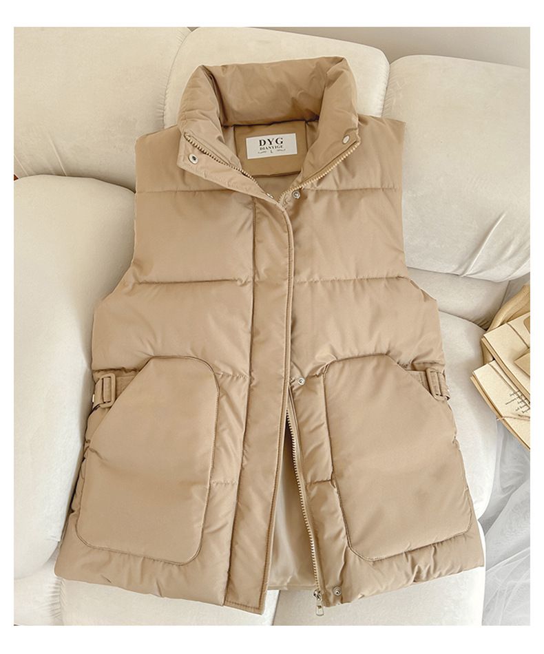 Women's Clothing autumn and winter new women's clothing trend solid color belt fashionable cotton vest fashionable stand up collar flat coat jacket_voghion.com