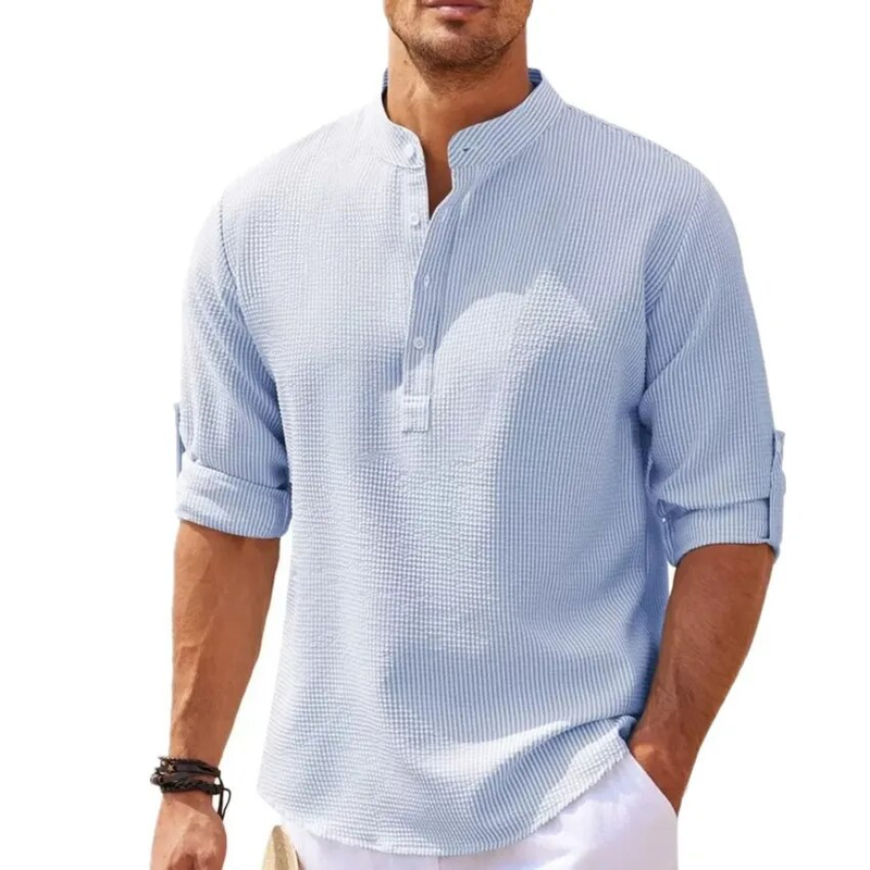 Cotton Linen Hot Sale Men's Long-Sleeved Shirts Spring Autumn Solid Color Stand-Up Collar Casual Beach Style Plus Size_voghion.com