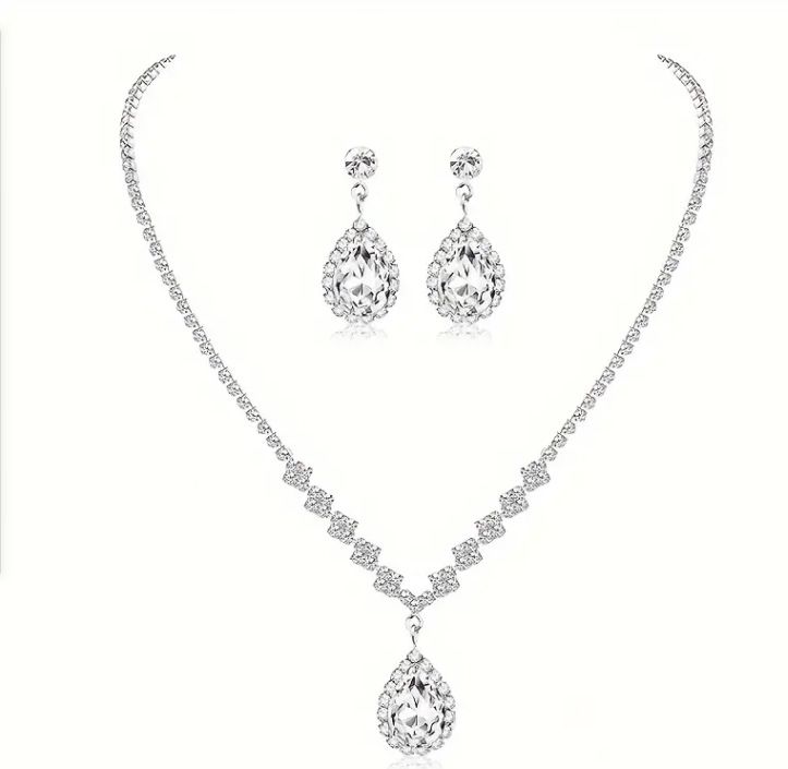 set di gioielli da sera con scatola quadrata con diamante monofacciale, quattro pezzi, collana, orecchini e bracciale con goccia d'acqua, set di borse per feste di nozze_voghion.com