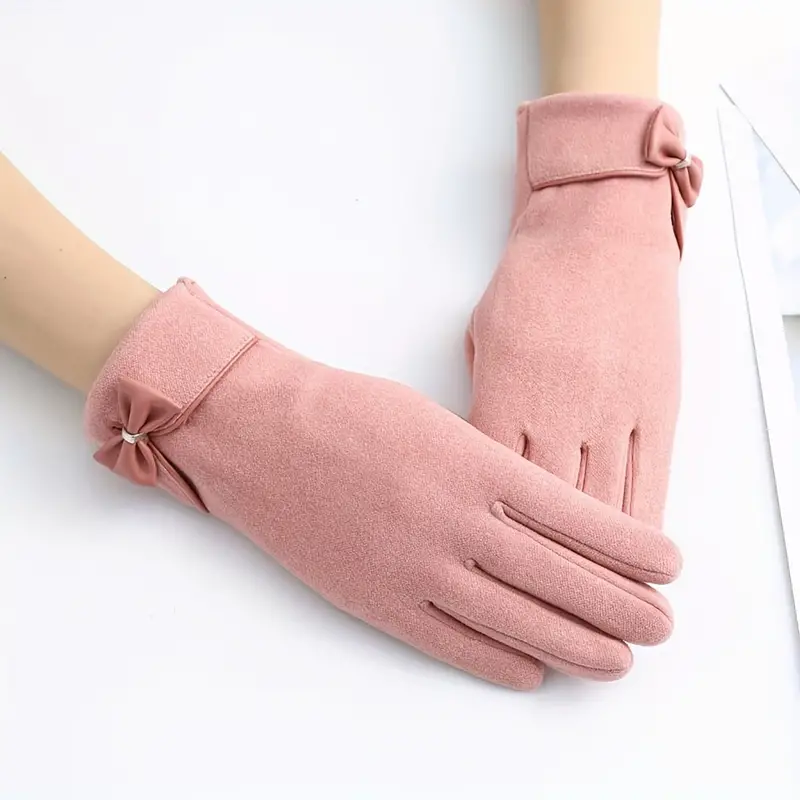 Winter Plus Velvet Warm Gloves Stylish Elegant Bow Decoration Touch Screen Gloves Short Solid Color Elastic Female Gloves_voghion.com
