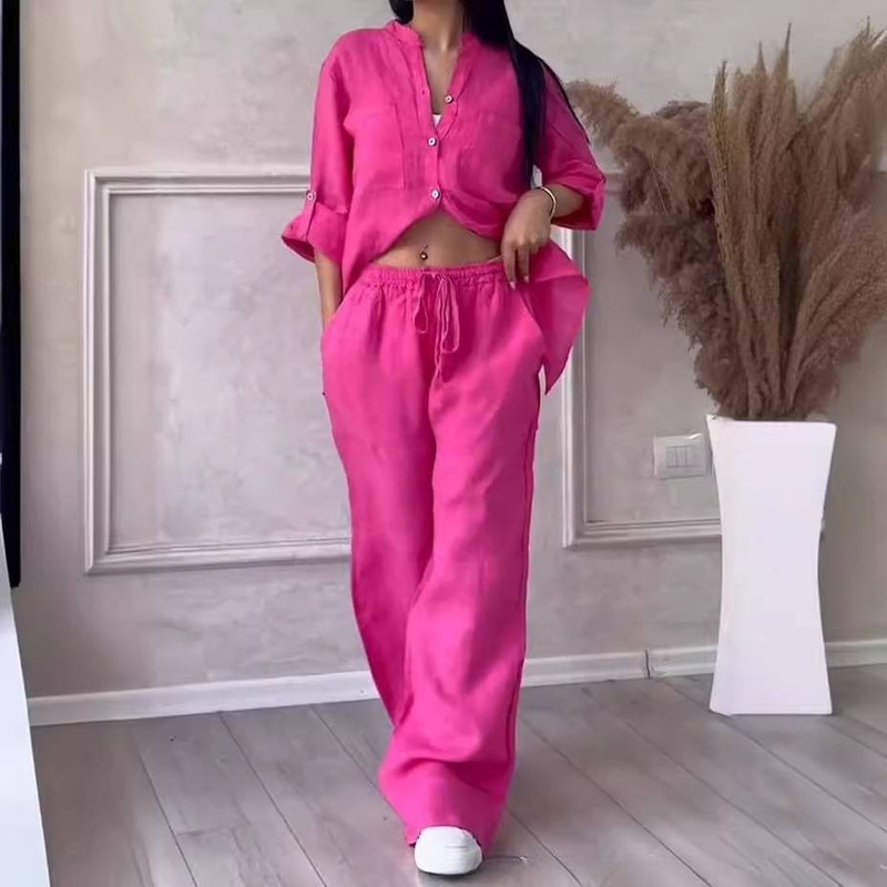 Set di pantaloni a gamba larga con coulisse e camicia casual in cotone e lino tinta unita_voghion.com