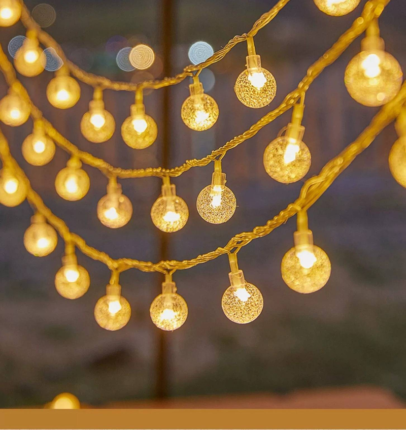 Dekorative Lichterkette für Camping, Innen- und Außenbereich – LED-Lichterkette mit Kristallkugeln, Sternen und Schneeflocken und 8 Beleuchtungsmodi_voghion.com