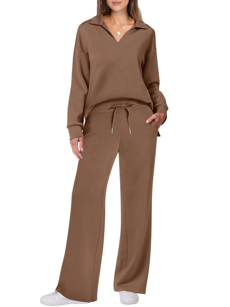 Completo due pezzi da donna, top a maniche lunghe con scollo a V e coulisse, elastico in vita e pantaloni svasati._voghion.com
