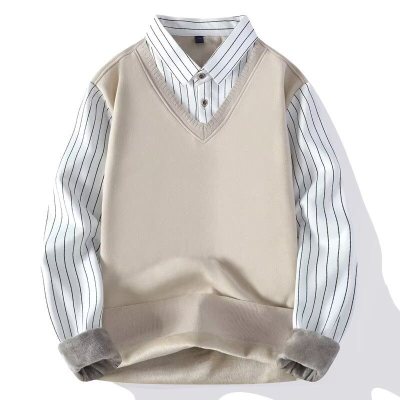Men's Fleece Autumn Winter Thickened Shirt Collar Simple Casual Striped Two-Piece Knitted Sweater_voghion.com