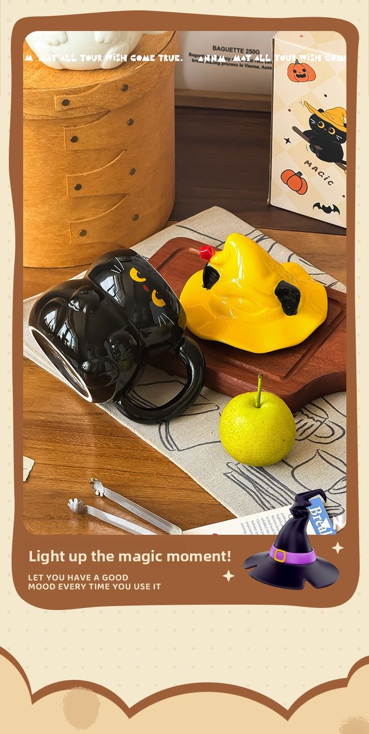 Keramikbecher mit Geisterkatzenmotiv und Deckel – Wasser für Frauen – Neu 2025 – Hochwertiger Becher – Geschenkidee für Zuhause_voghion.com